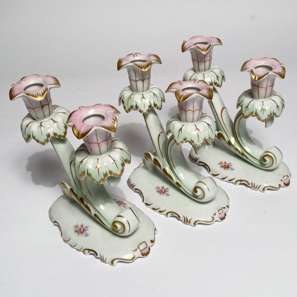Set of 3 HUNGARIAN Hollohaza Fine Porcelain Candle Holders Pastel Candelabra - Picture 2 of 9